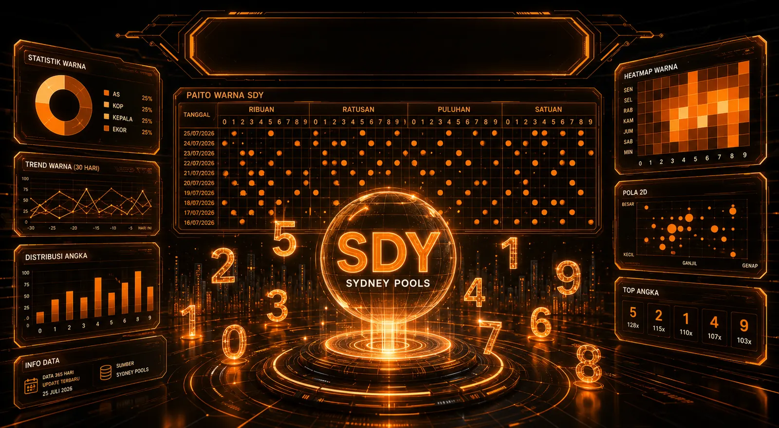 Ilustrasi papan analisa Paito Warna SDY: tabel warna per posisi, heatmap, dan sebaran angka Sydney